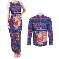 Haiti Christmas Couples Matching Tank Maxi Dress and Long Sleeve Button Shirt with Blue Red Xmas Santa Snowflake and Map - Wonder Print Shop