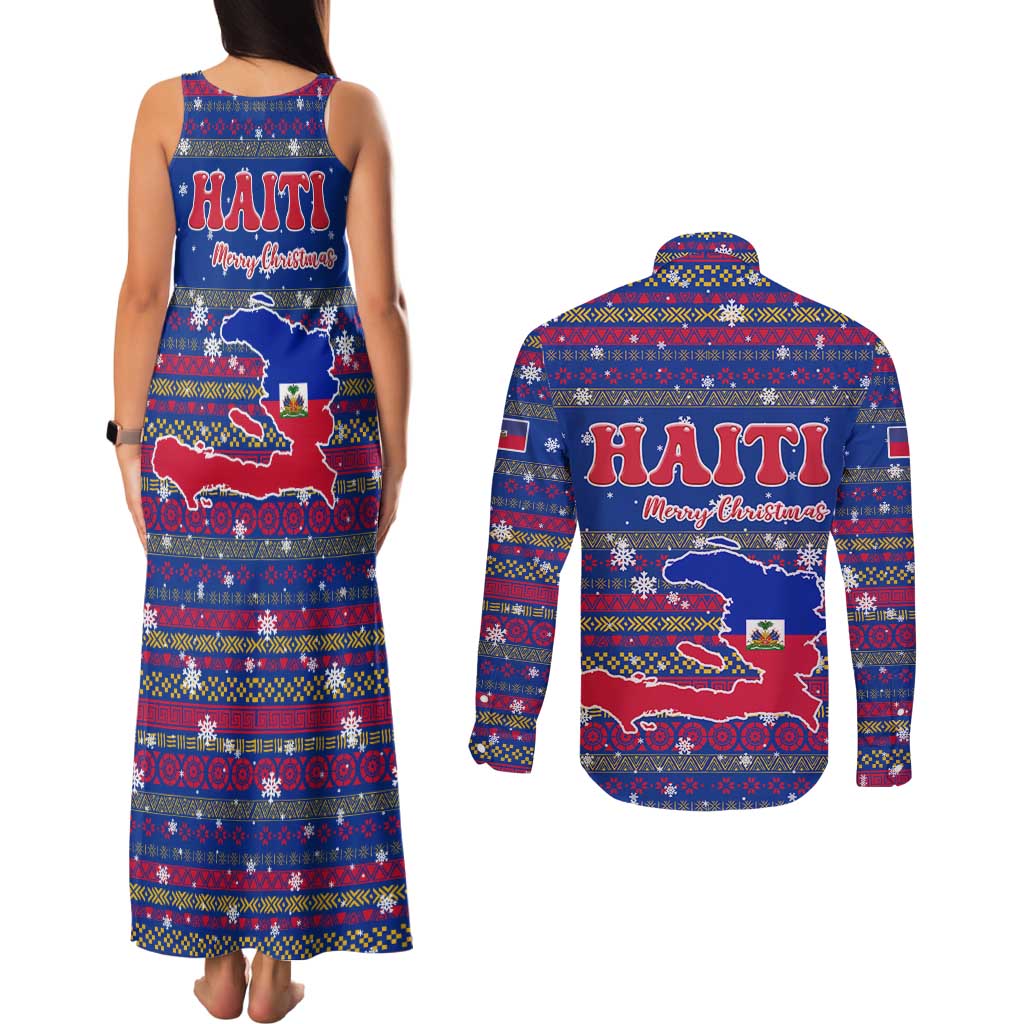 Haiti Christmas Couples Matching Tank Maxi Dress and Long Sleeve Button Shirt with Blue Red Xmas Santa Snowflake and Map - Wonder Print Shop