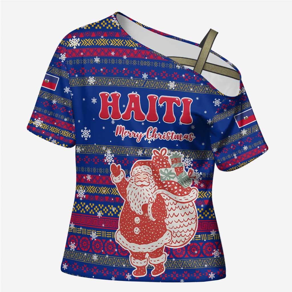 Haiti Christmas Cross Shoulder Shirt with Blue Red Xmas Santa Snowflake and Map - Wonder Print Shop