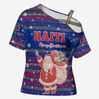 Haiti Christmas Cross Shoulder Shirt with Blue Red Xmas Santa Snowflake and Map - Wonder Print Shop