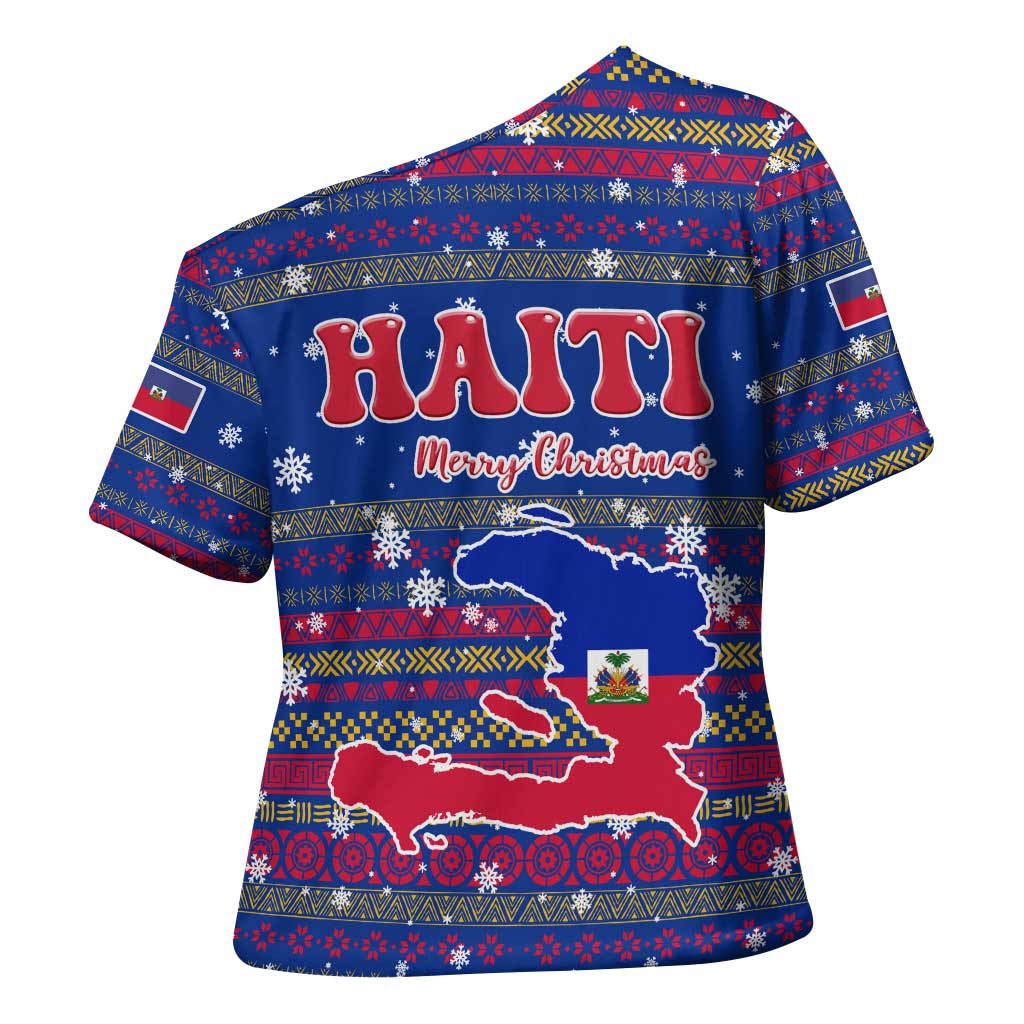 Haiti Christmas Cross Shoulder Shirt with Blue Red Xmas Santa Snowflake and Map - Wonder Print Shop