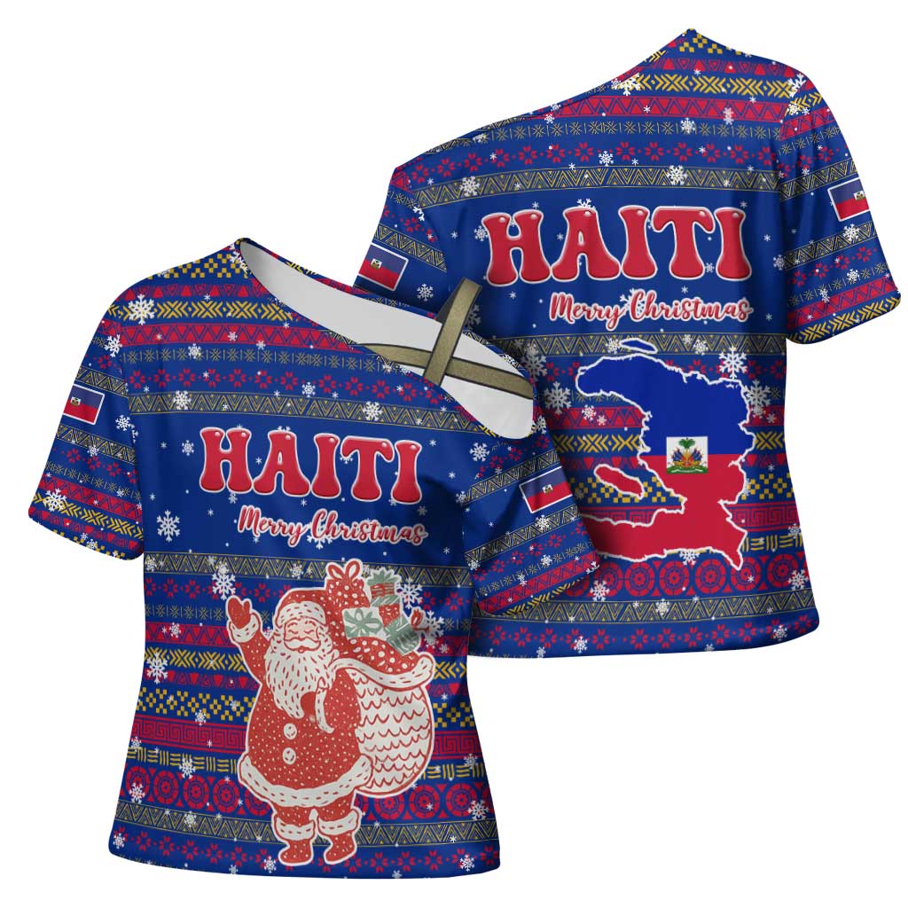 Haiti Christmas Cross Shoulder Shirt with Blue Red Xmas Santa Snowflake and Map - Wonder Print Shop