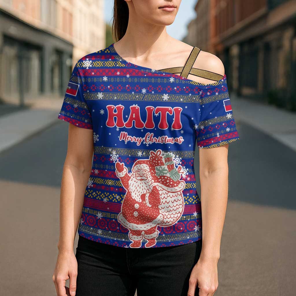 Haiti Christmas Cross Shoulder Shirt with Blue Red Xmas Santa Snowflake and Map - Wonder Print Shop