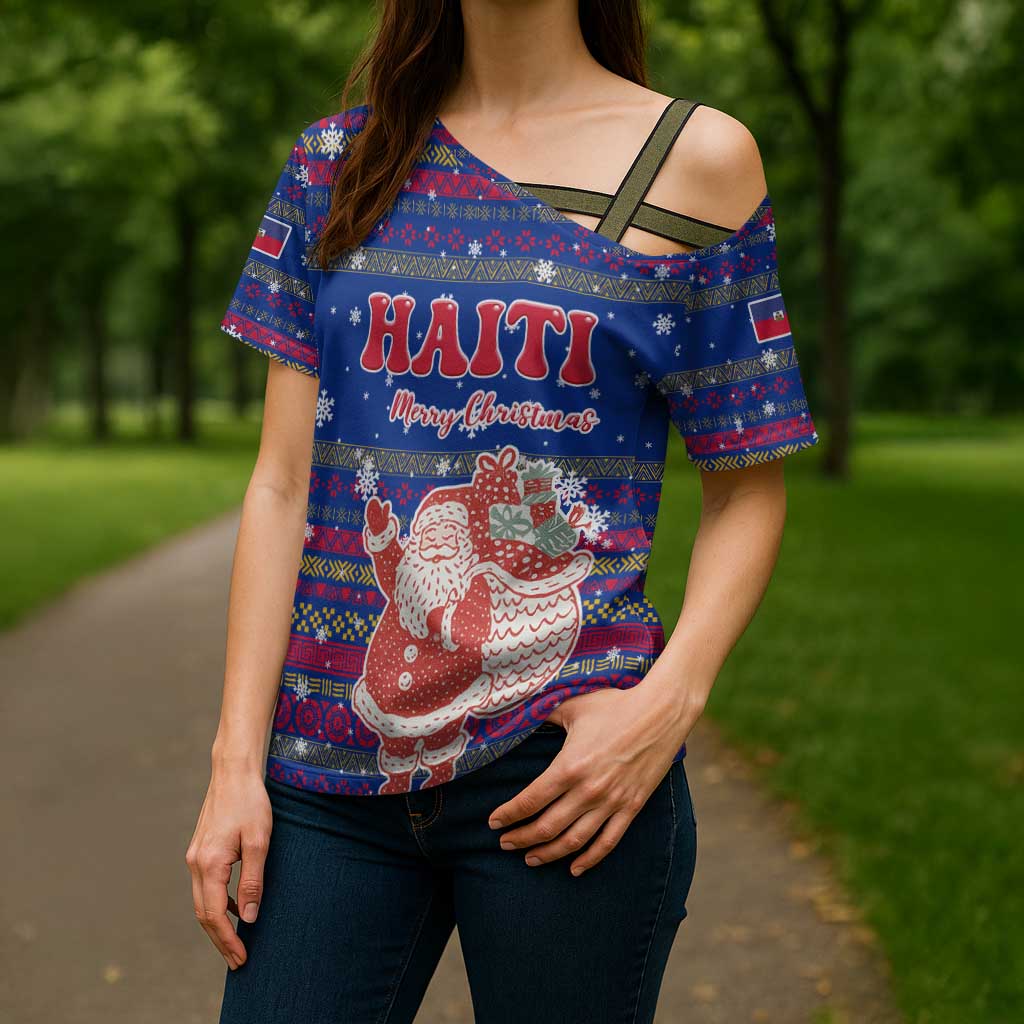 Haiti Christmas Cross Shoulder Shirt with Blue Red Xmas Santa Snowflake and Map - Wonder Print Shop