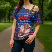 Haiti Christmas Cross Shoulder Shirt with Blue Red Xmas Santa Snowflake and Map - Wonder Print Shop