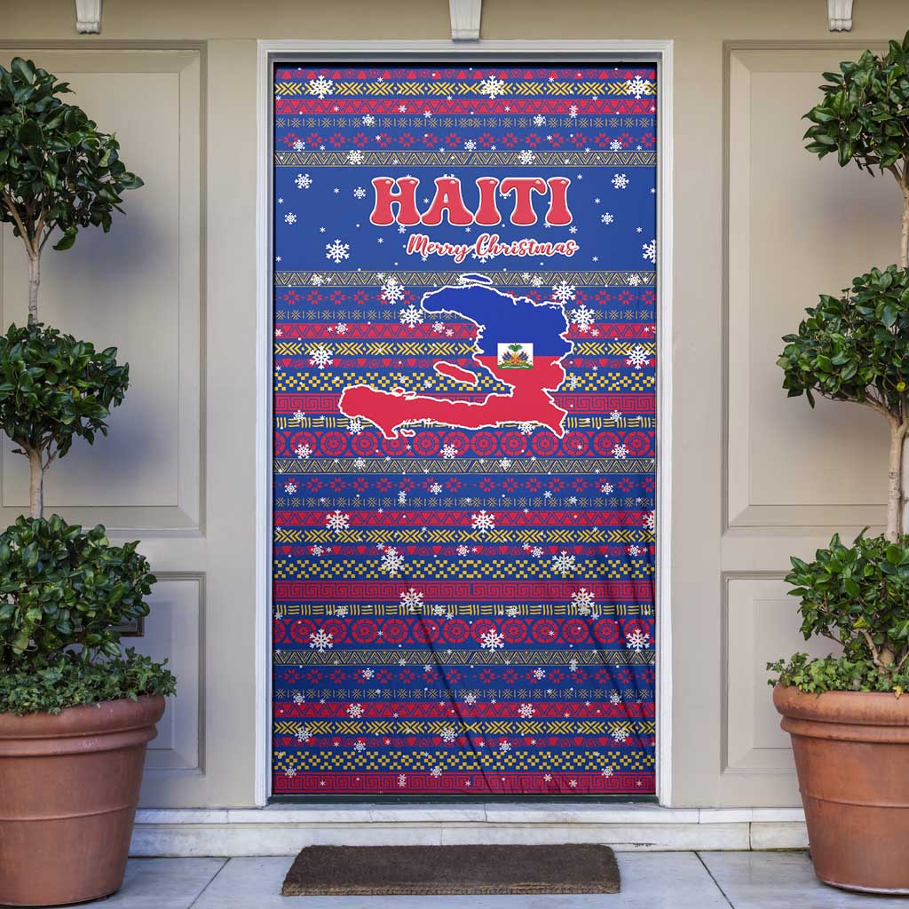Haiti Christmas Door Cover with Blue Red Xmas Santa Snowflake and Map - Wonder Print Shop