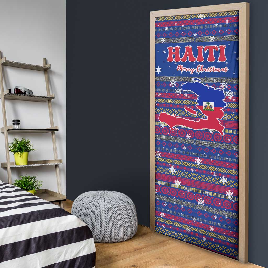 Haiti Christmas Door Cover with Blue Red Xmas Santa Snowflake and Map - Wonder Print Shop