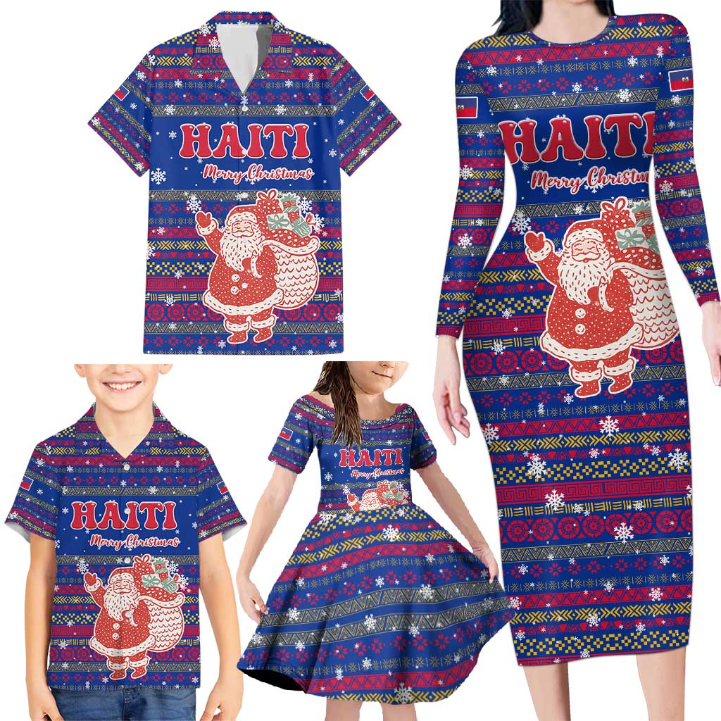 Haiti Christmas Family Matching Long Sleeve Bodycon Dress and Hawaiian Shirt with Blue Red Xmas Santa Snowflake and Map - Wonder Print Shop