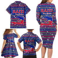 Haiti Christmas Family Matching Long Sleeve Bodycon Dress and Hawaiian Shirt with Blue Red Xmas Santa Snowflake and Map - Wonder Print Shop