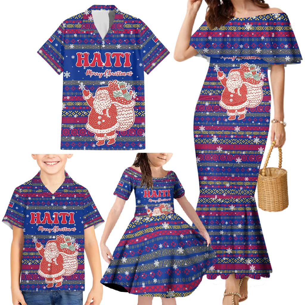 Haiti Christmas Family Matching Mermaid Dress and Hawaiian Shirt with Blue Red Xmas Santa Snowflake and Map - Wonder Print Shop