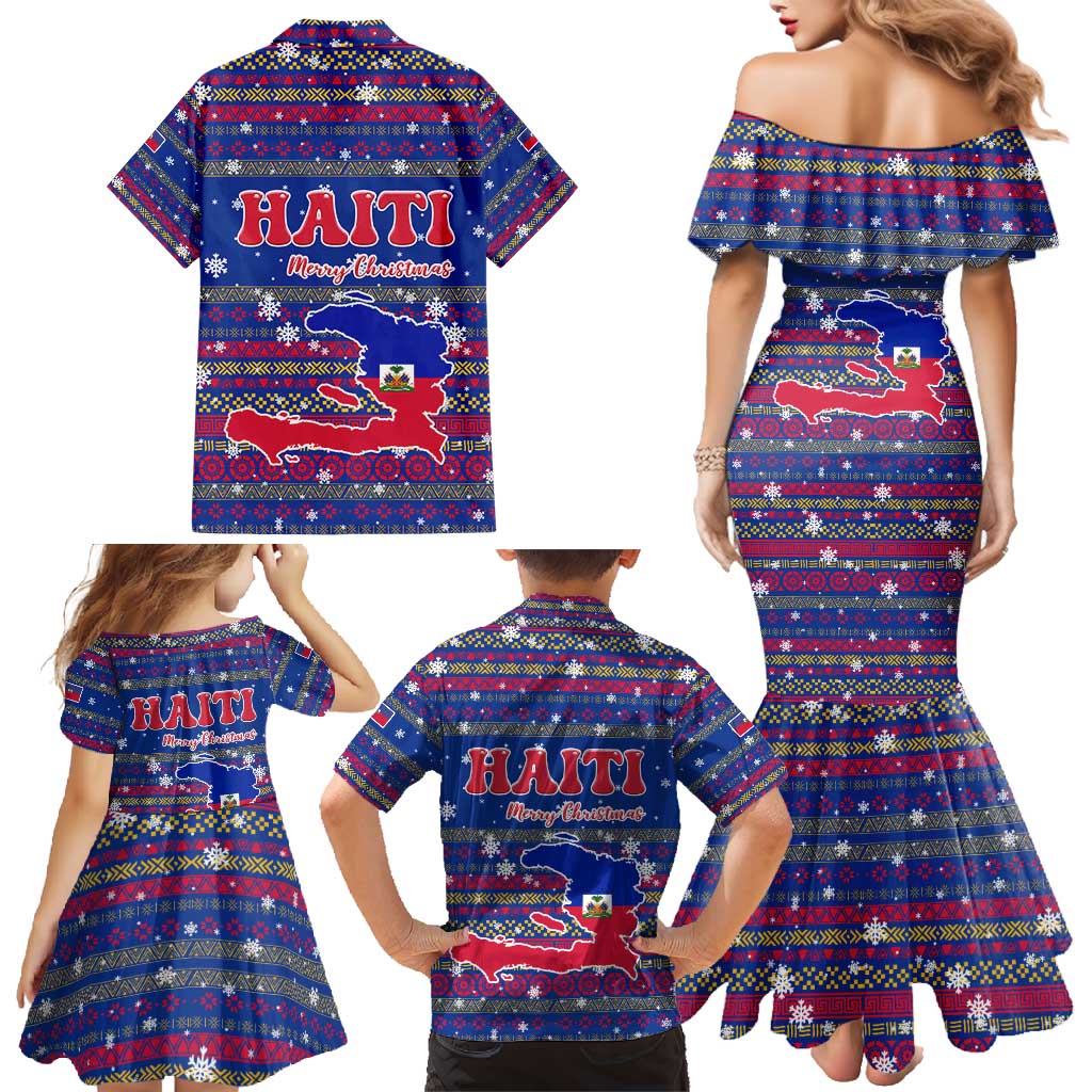 Haiti Christmas Family Matching Mermaid Dress and Hawaiian Shirt with Blue Red Xmas Santa Snowflake and Map - Wonder Print Shop