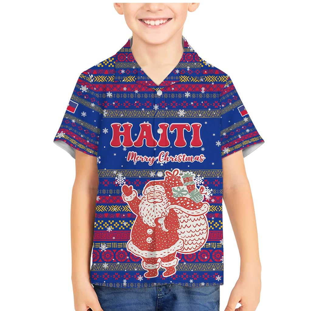 Haiti Christmas Family Matching Mermaid Dress and Hawaiian Shirt with Blue Red Xmas Santa Snowflake and Map - Wonder Print Shop