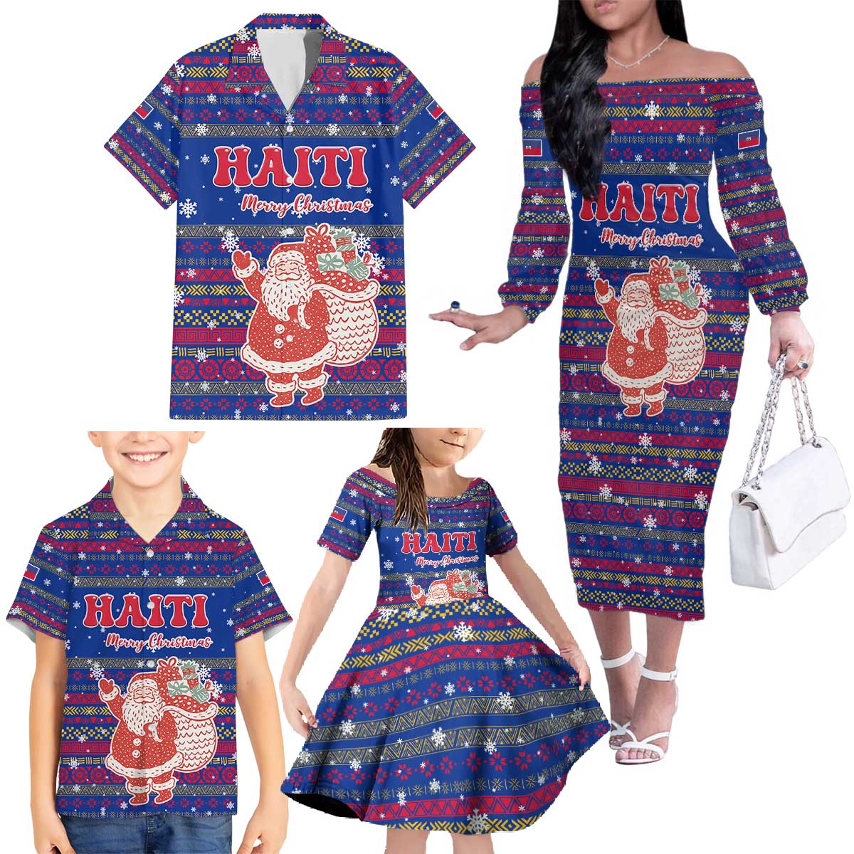 Haiti Christmas Family Matching Off The Shoulder Long Sleeve Dress and Hawaiian Shirt with Blue Red Xmas Santa Snowflake and Map - Wonder Print Shop