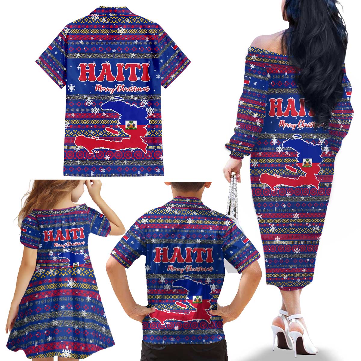 Haiti Christmas Family Matching Off The Shoulder Long Sleeve Dress and Hawaiian Shirt with Blue Red Xmas Santa Snowflake and Map - Wonder Print Shop
