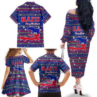 Haiti Christmas Family Matching Off The Shoulder Long Sleeve Dress and Hawaiian Shirt with Blue Red Xmas Santa Snowflake and Map - Wonder Print Shop