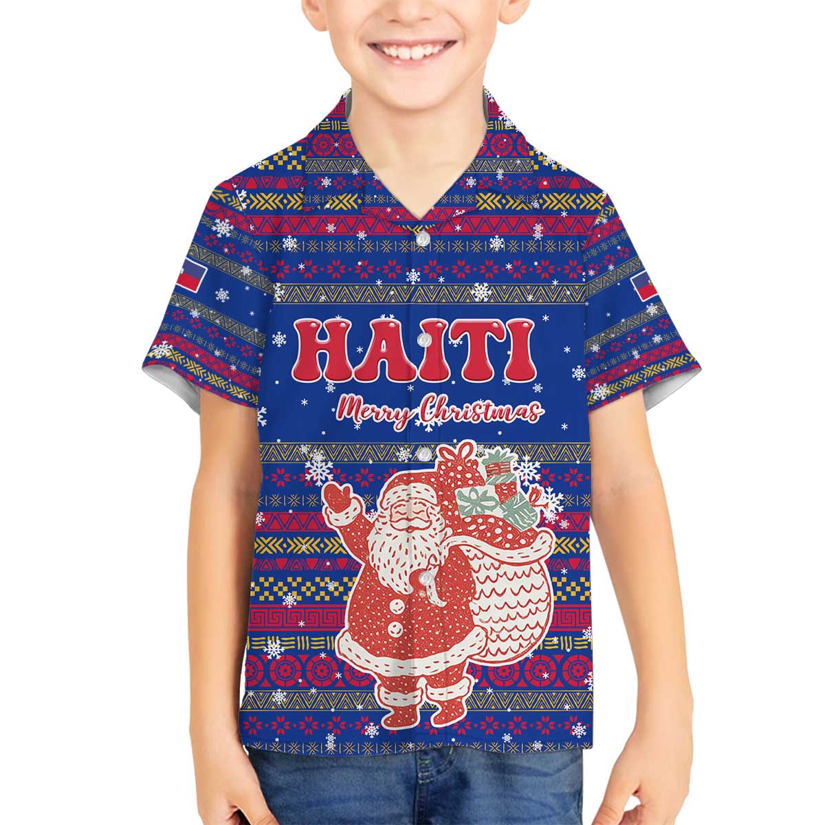 Haiti Christmas Family Matching Off The Shoulder Long Sleeve Dress and Hawaiian Shirt with Blue Red Xmas Santa Snowflake and Map - Wonder Print Shop