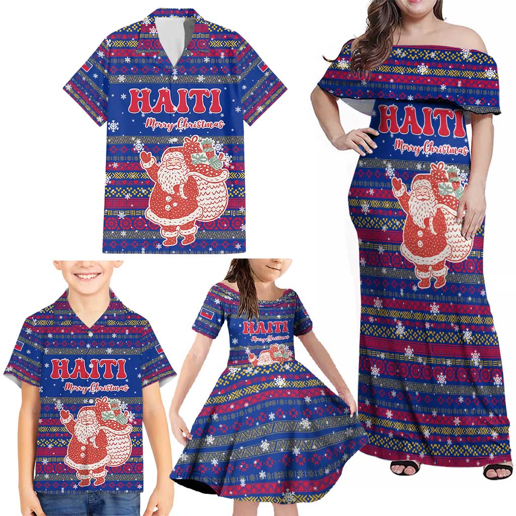 Haiti Christmas Family Matching Off Shoulder Maxi Dress and Hawaiian Shirt with Blue Red Xmas Santa Snowflake and Map - Wonder Print Shop