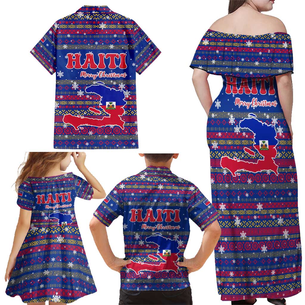Haiti Christmas Family Matching Off Shoulder Maxi Dress and Hawaiian Shirt with Blue Red Xmas Santa Snowflake and Map - Wonder Print Shop