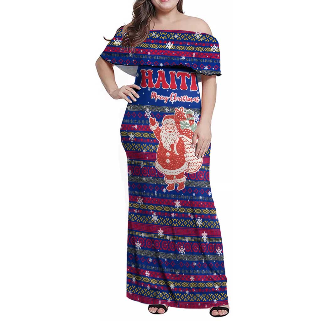 Haiti Christmas Family Matching Off Shoulder Maxi Dress and Hawaiian Shirt with Blue Red Xmas Santa Snowflake and Map - Wonder Print Shop