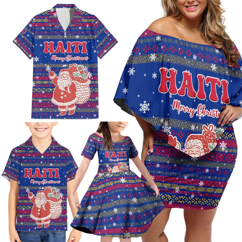 Haiti Christmas Family Matching Off Shoulder Short Dress and Hawaiian Shirt with Blue Red Xmas Santa Snowflake and Map - Wonder Print Shop