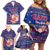 Haiti Christmas Family Matching Off Shoulder Short Dress and Hawaiian Shirt with Blue Red Xmas Santa Snowflake and Map - Wonder Print Shop
