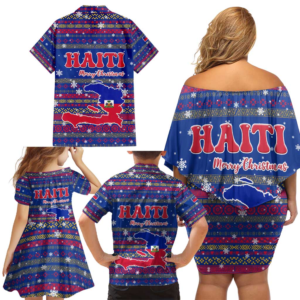 Haiti Christmas Family Matching Off Shoulder Short Dress and Hawaiian Shirt with Blue Red Xmas Santa Snowflake and Map - Wonder Print Shop