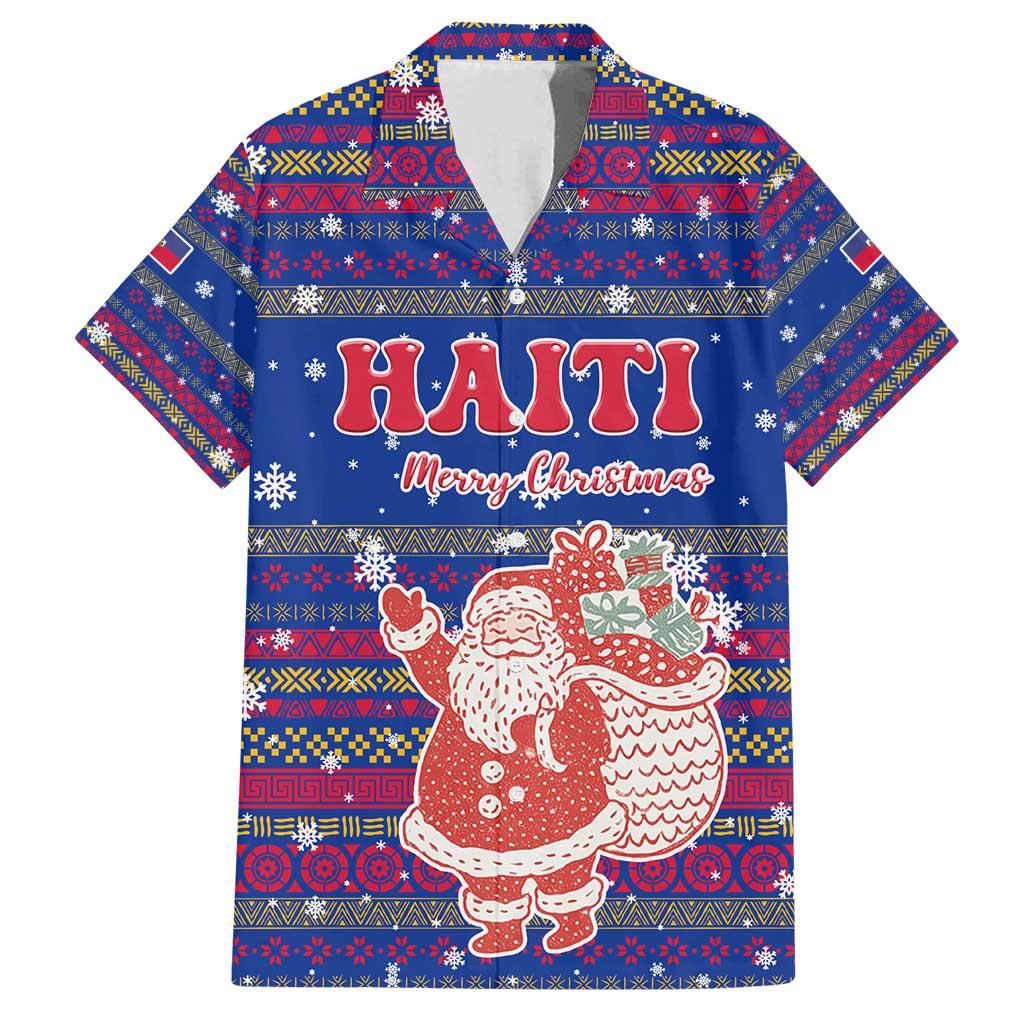 Haiti Christmas Family Matching Off Shoulder Short Dress and Hawaiian Shirt with Blue Red Xmas Santa Snowflake and Map - Wonder Print Shop