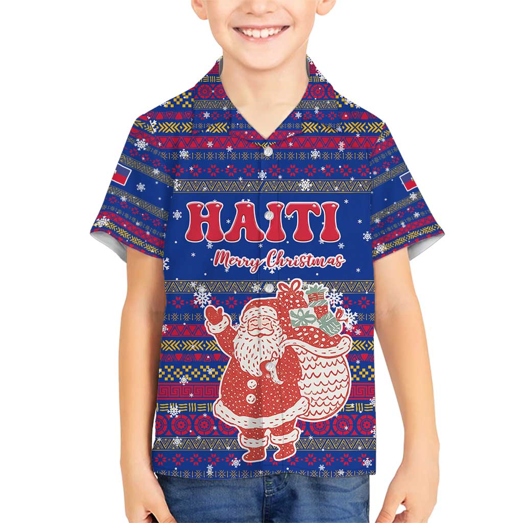 Haiti Christmas Family Matching Off Shoulder Short Dress and Hawaiian Shirt with Blue Red Xmas Santa Snowflake and Map - Wonder Print Shop