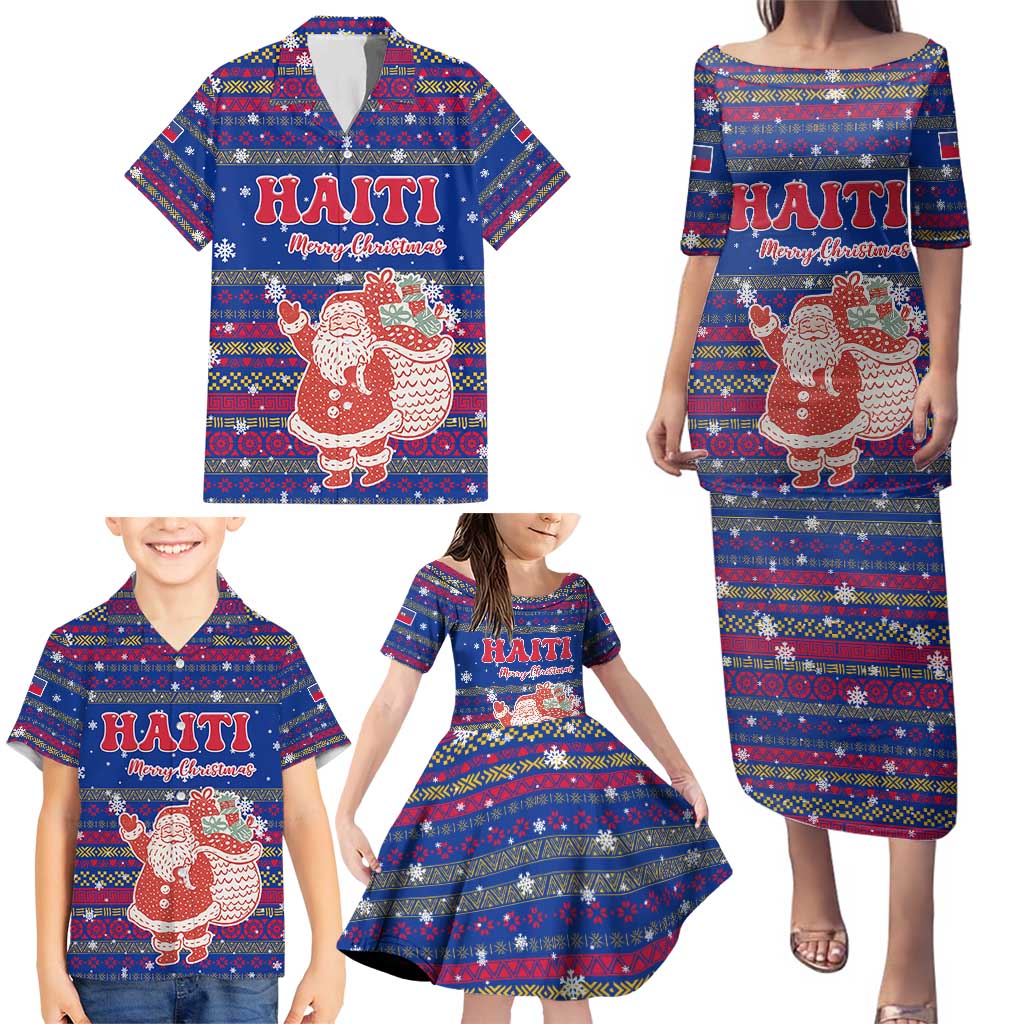 Haiti Christmas Family Matching Puletasi and Hawaiian Shirt with Blue Red Xmas Santa Snowflake and Map - Wonder Print Shop