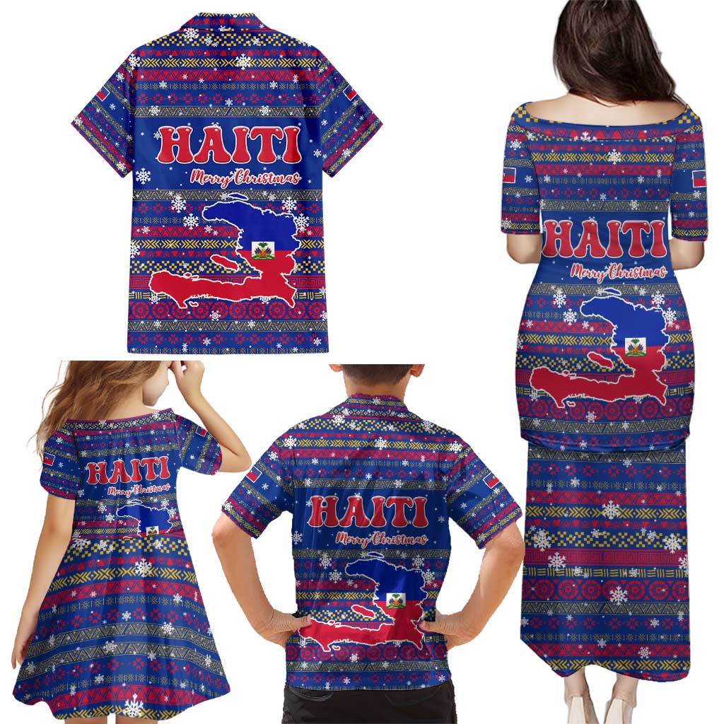 Haiti Christmas Family Matching Puletasi and Hawaiian Shirt with Blue Red Xmas Santa Snowflake and Map - Wonder Print Shop