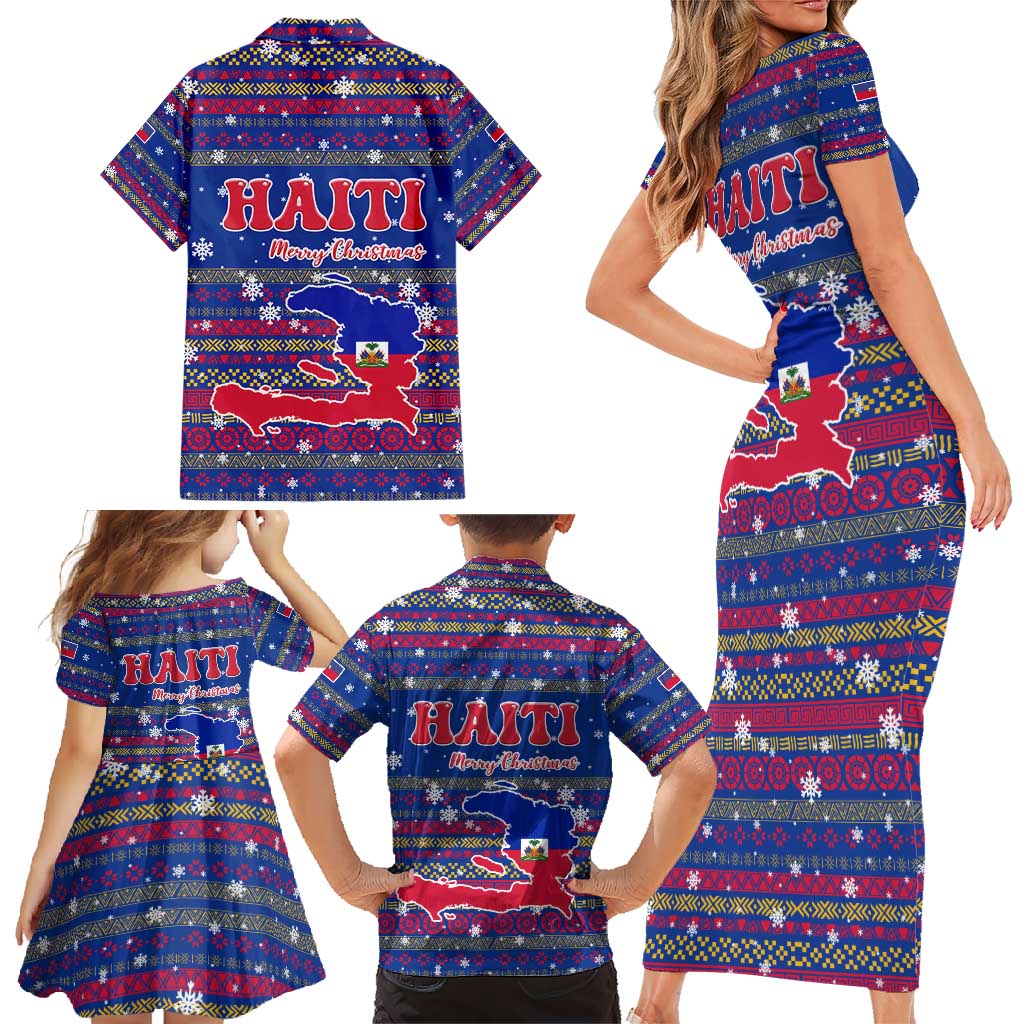 Haiti Christmas Family Matching Short Sleeve Bodycon Dress and Hawaiian Shirt with Blue Red Xmas Santa Snowflake and Map - Wonder Print Shop