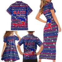 Haiti Christmas Family Matching Short Sleeve Bodycon Dress and Hawaiian Shirt with Blue Red Xmas Santa Snowflake and Map - Wonder Print Shop