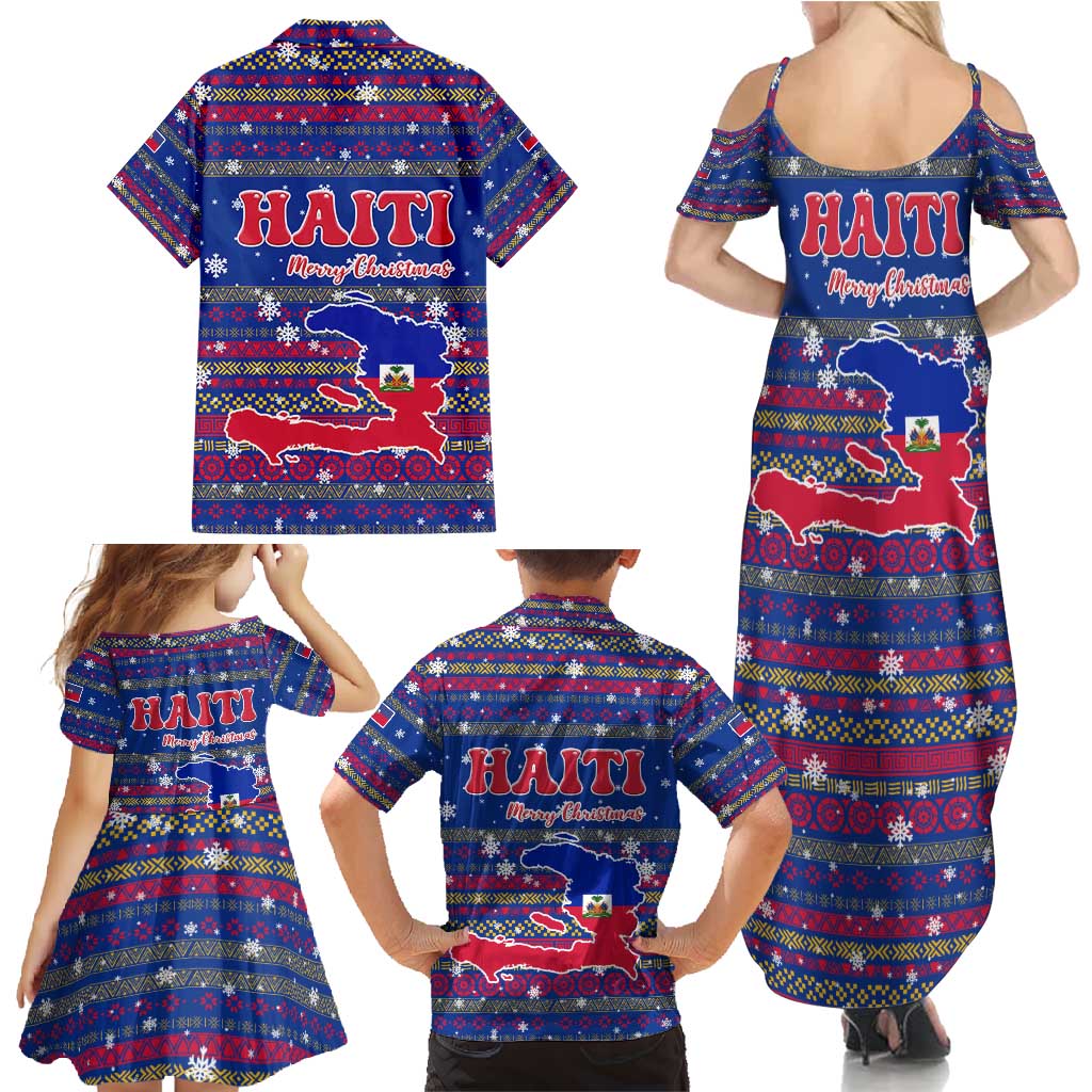 Haiti Christmas Family Matching Summer Maxi Dress and Hawaiian Shirt with Blue Red Xmas Santa Snowflake and Map - Wonder Print Shop