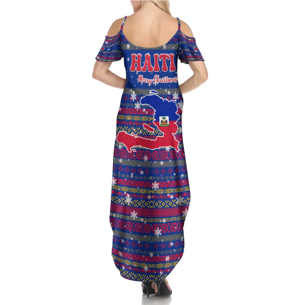Haiti Christmas Family Matching Summer Maxi Dress and Hawaiian Shirt with Blue Red Xmas Santa Snowflake and Map - Wonder Print Shop