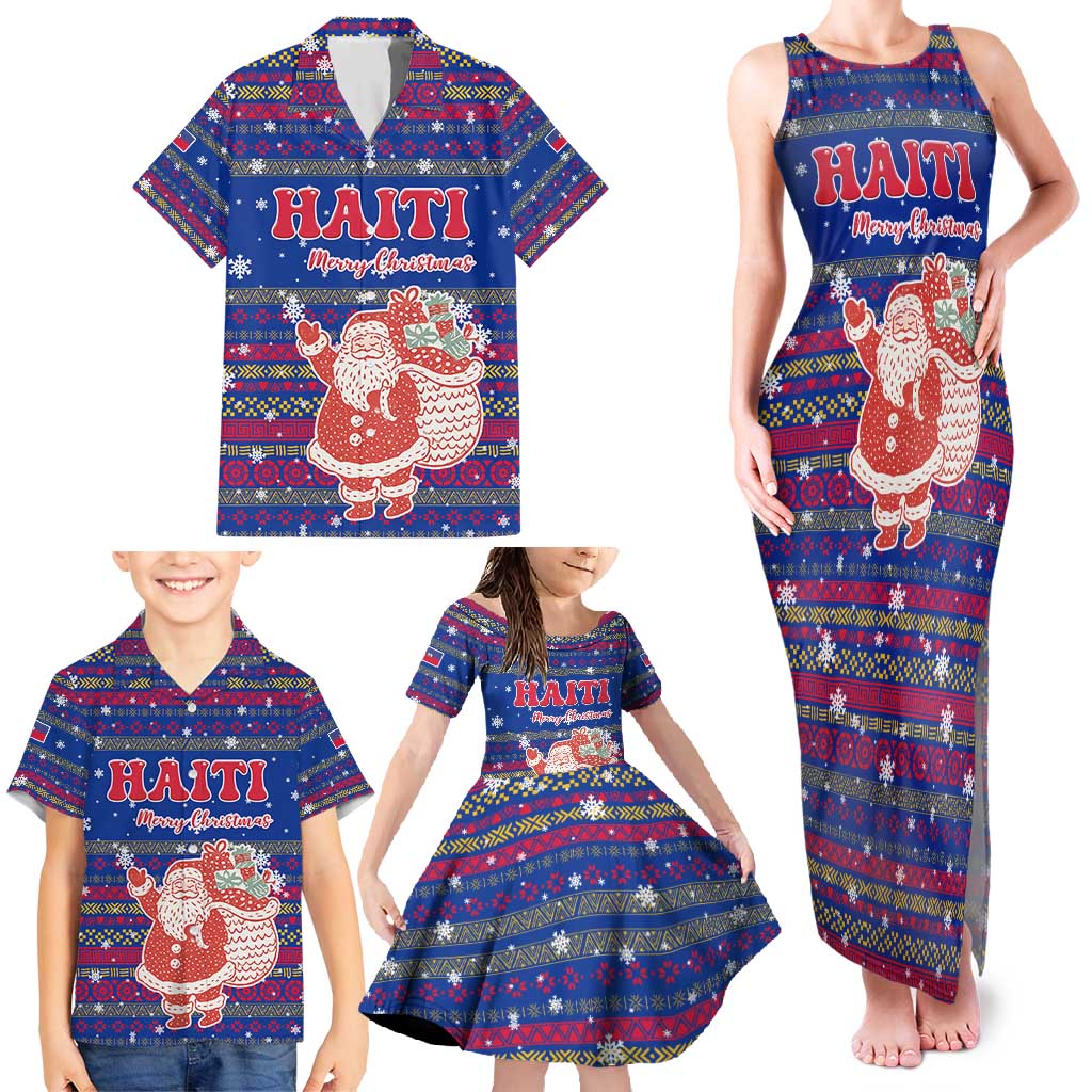 Haiti Christmas Family Matching Tank Maxi Dress and Hawaiian Shirt with Blue Red Xmas Santa Snowflake and Map - Wonder Print Shop