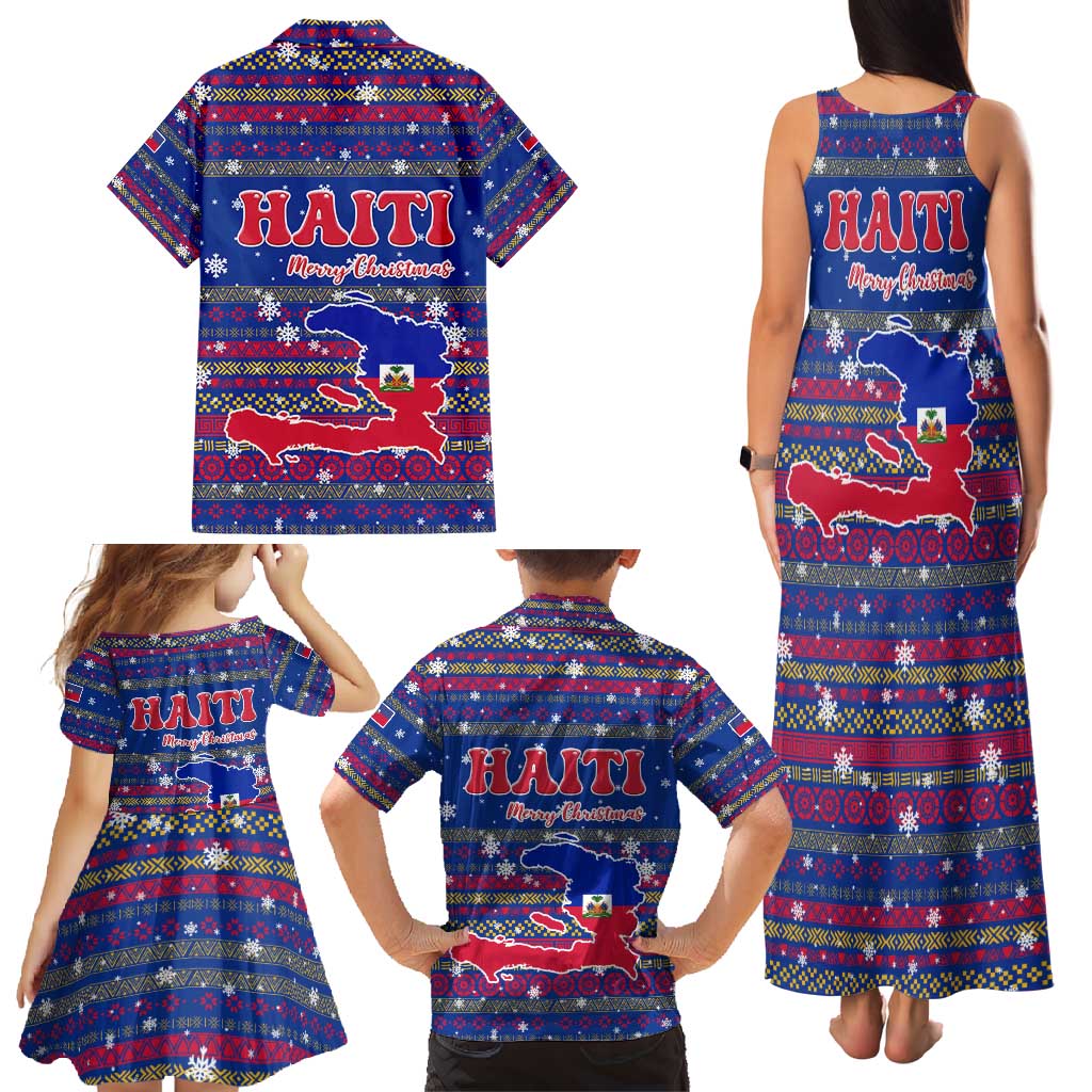 Haiti Christmas Family Matching Tank Maxi Dress and Hawaiian Shirt with Blue Red Xmas Santa Snowflake and Map - Wonder Print Shop