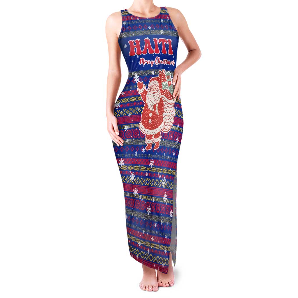 Haiti Christmas Family Matching Tank Maxi Dress and Hawaiian Shirt with Blue Red Xmas Santa Snowflake and Map - Wonder Print Shop