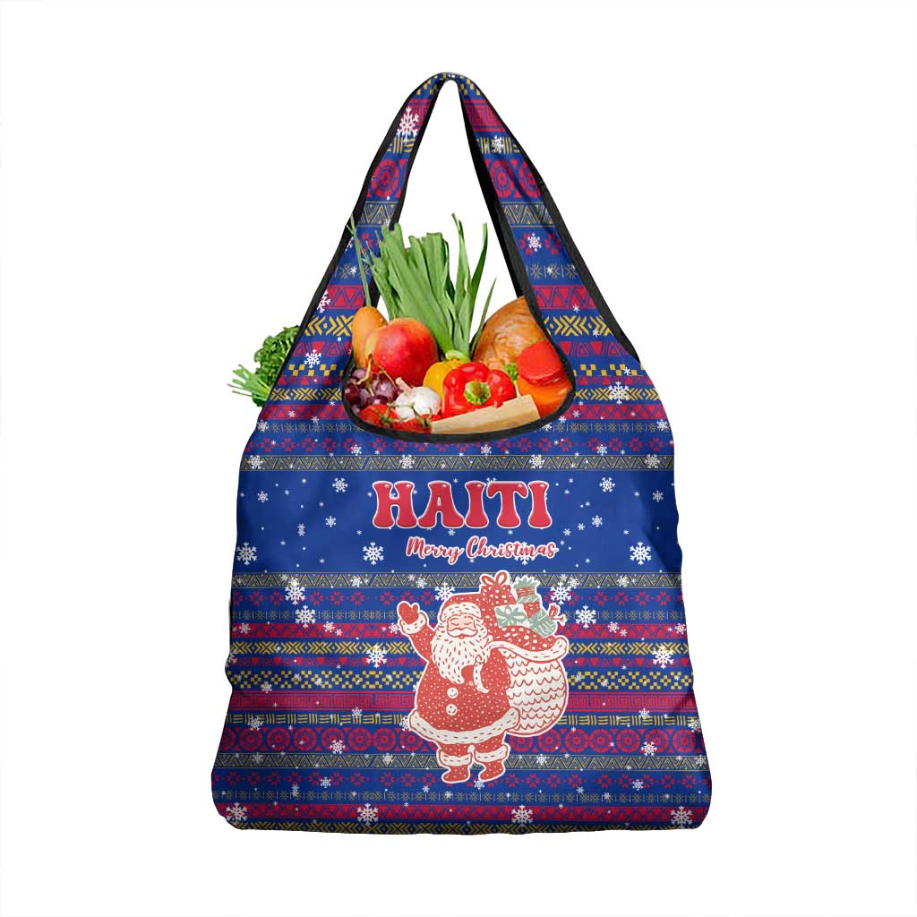 Haiti Christmas Grocery Bag with Blue Red Xmas Santa Snowflake and Map - Wonder Print Shop