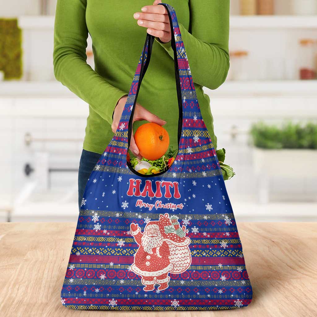 Haiti Christmas Grocery Bag with Blue Red Xmas Santa Snowflake and Map - Wonder Print Shop
