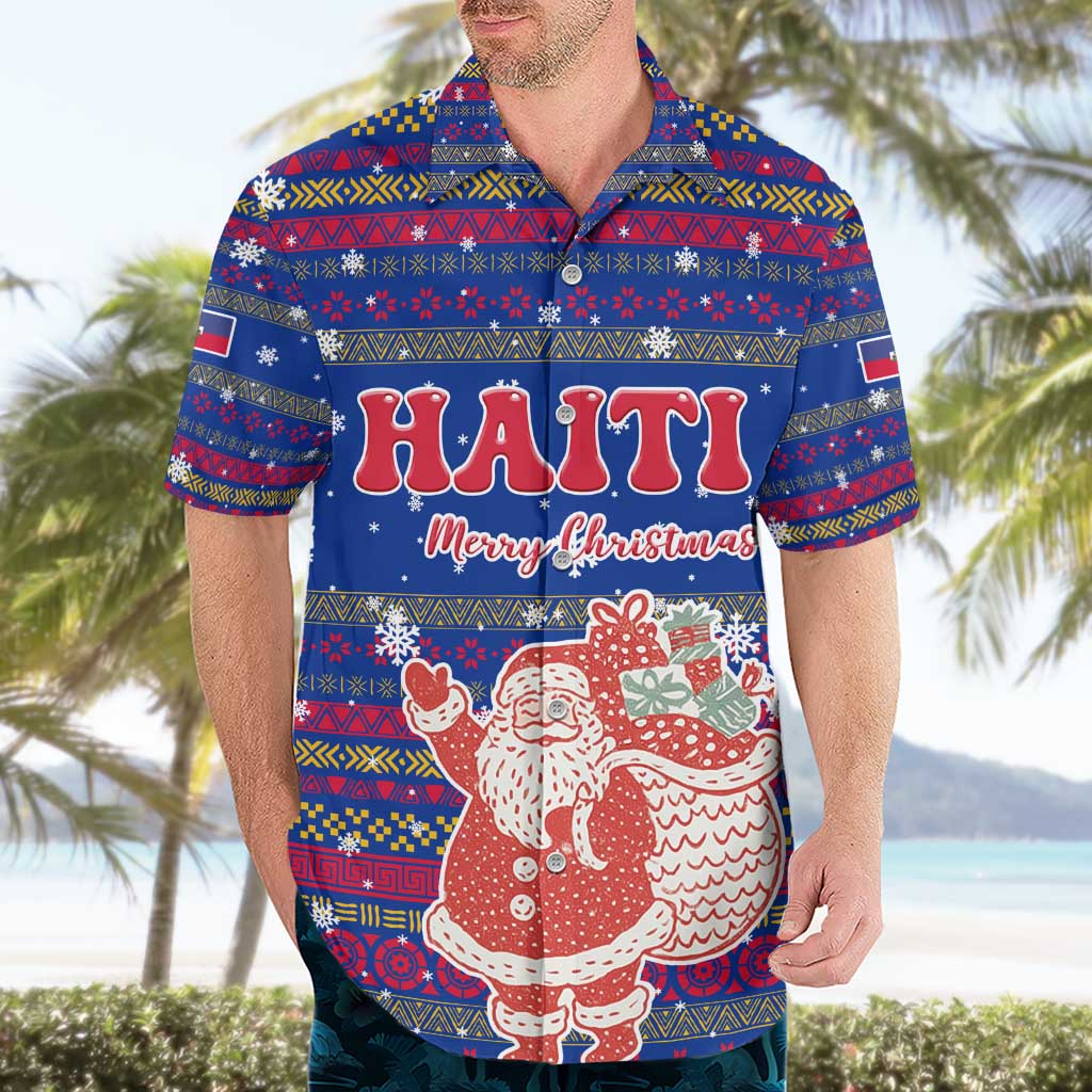Haiti Christmas Hawaiian Shirt with Blue Red Xmas Santa Snowflake and Map - Wonder Print Shop