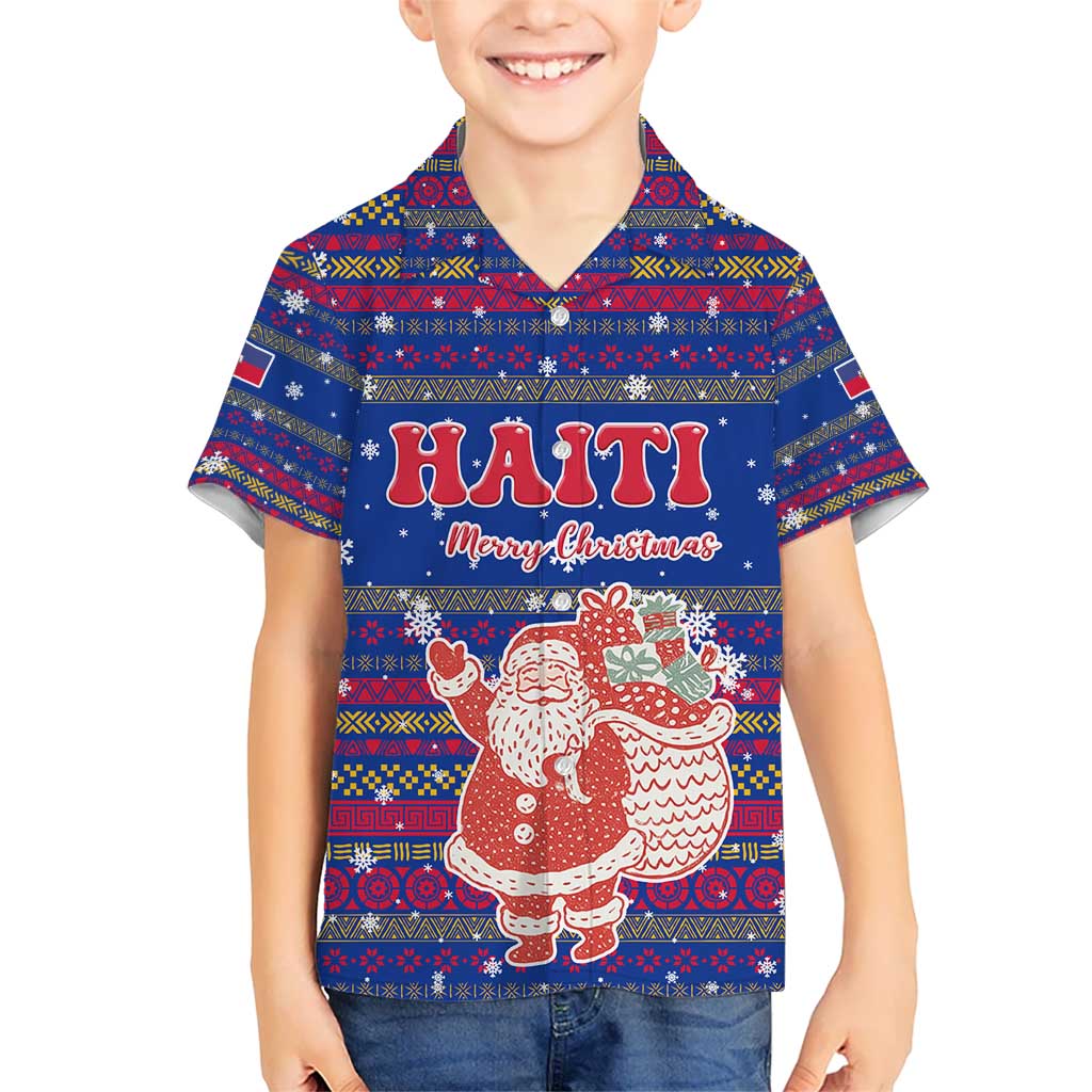 Haiti Christmas Hawaiian Shirt with Blue Red Xmas Santa Snowflake and Map - Wonder Print Shop