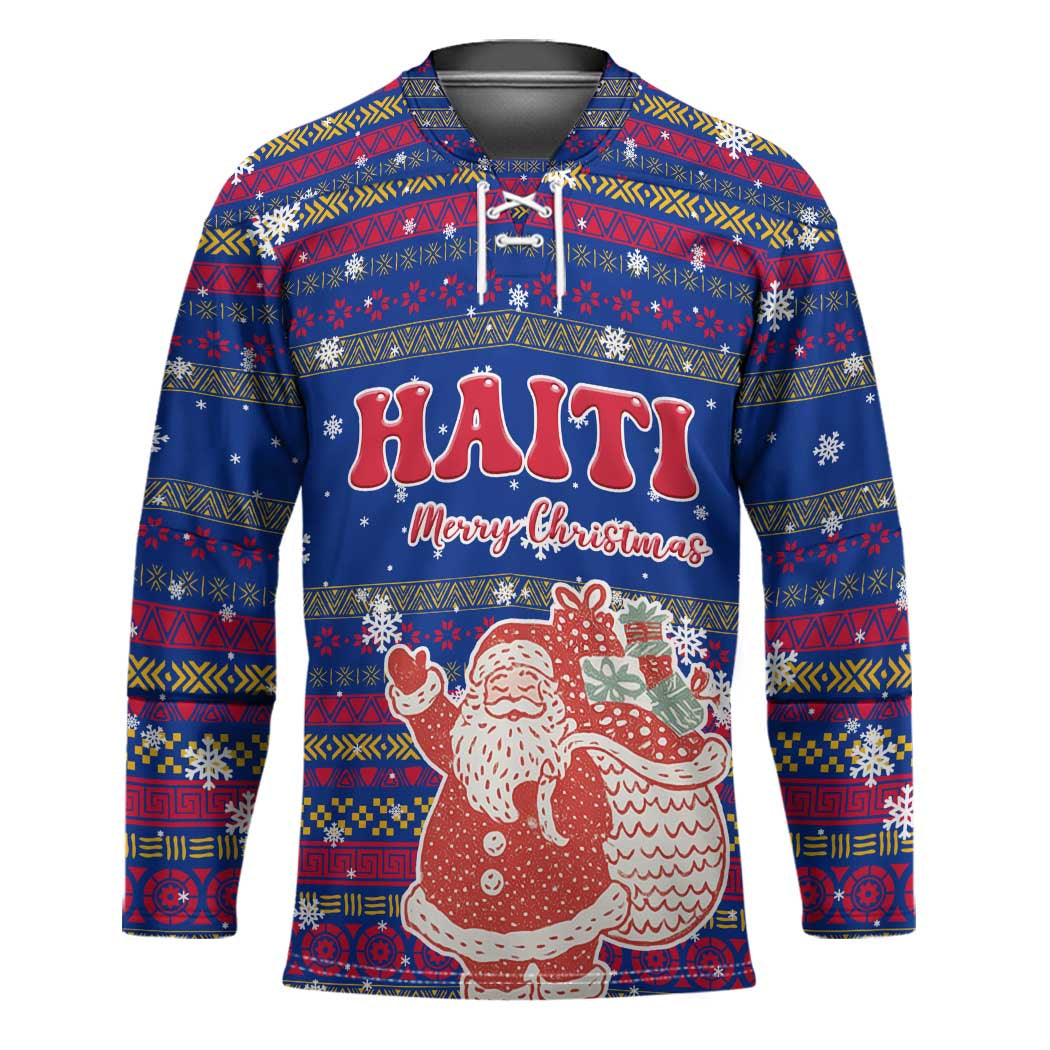Haiti Christmas Hockey Jersey with Blue Red Xmas Santa Snowflake and Map - Wonder Print Shop