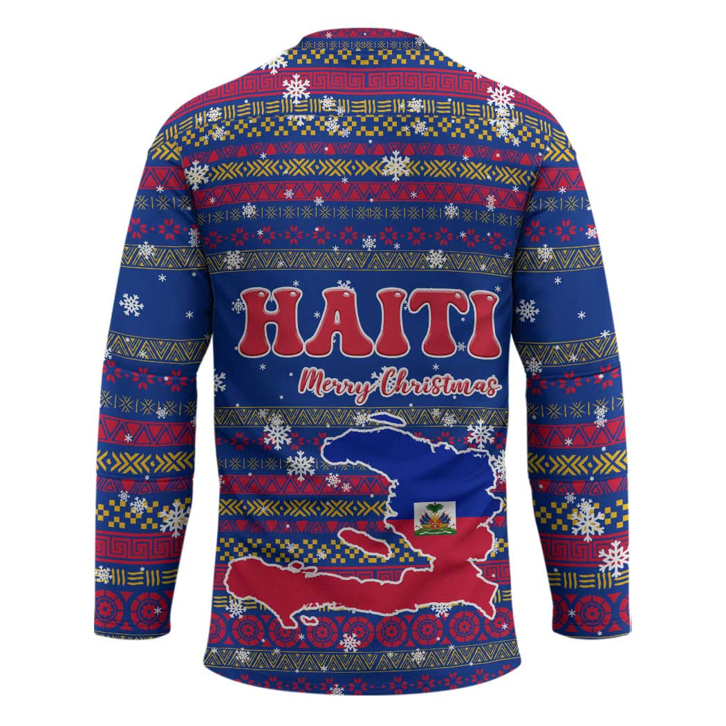 Haiti Christmas Hockey Jersey with Blue Red Xmas Santa Snowflake and Map - Wonder Print Shop