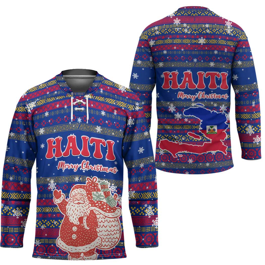 Haiti Christmas Hockey Jersey with Blue Red Xmas Santa Snowflake and Map - Wonder Print Shop