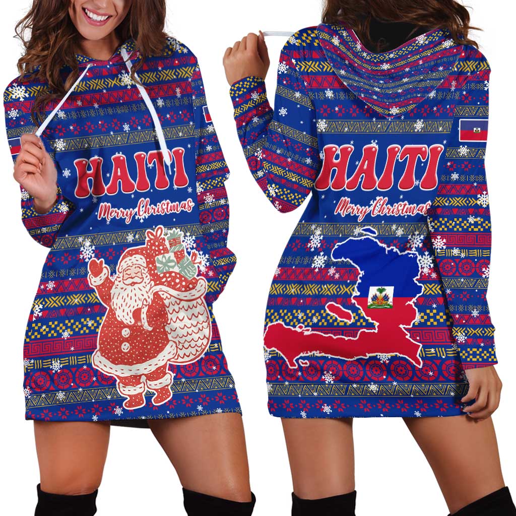 Haiti Christmas Hoodie Dress with Blue Red Xmas Santa Snowflake and Map - Wonder Print Shop