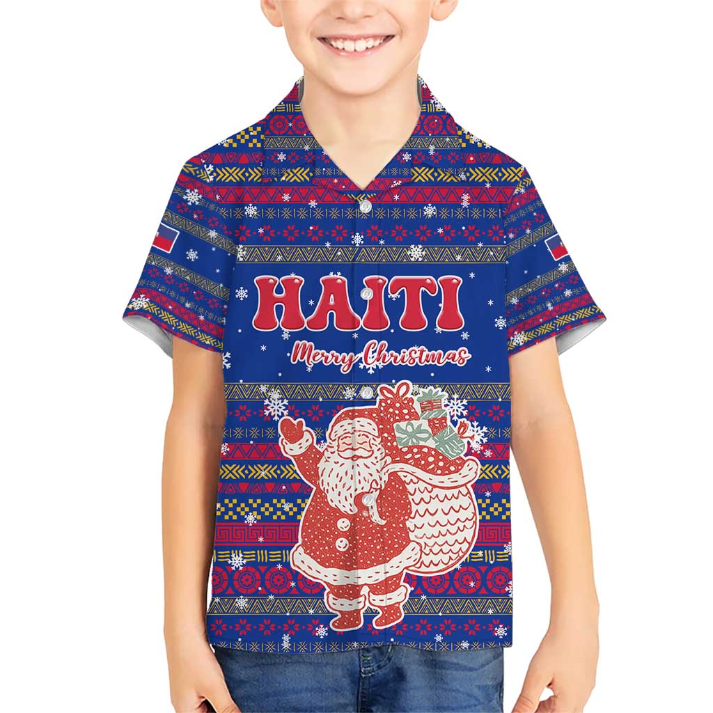 Haiti Christmas Kid Hawaiian Shirt with Blue Red Xmas Santa Snowflake and Map - Wonder Print Shop