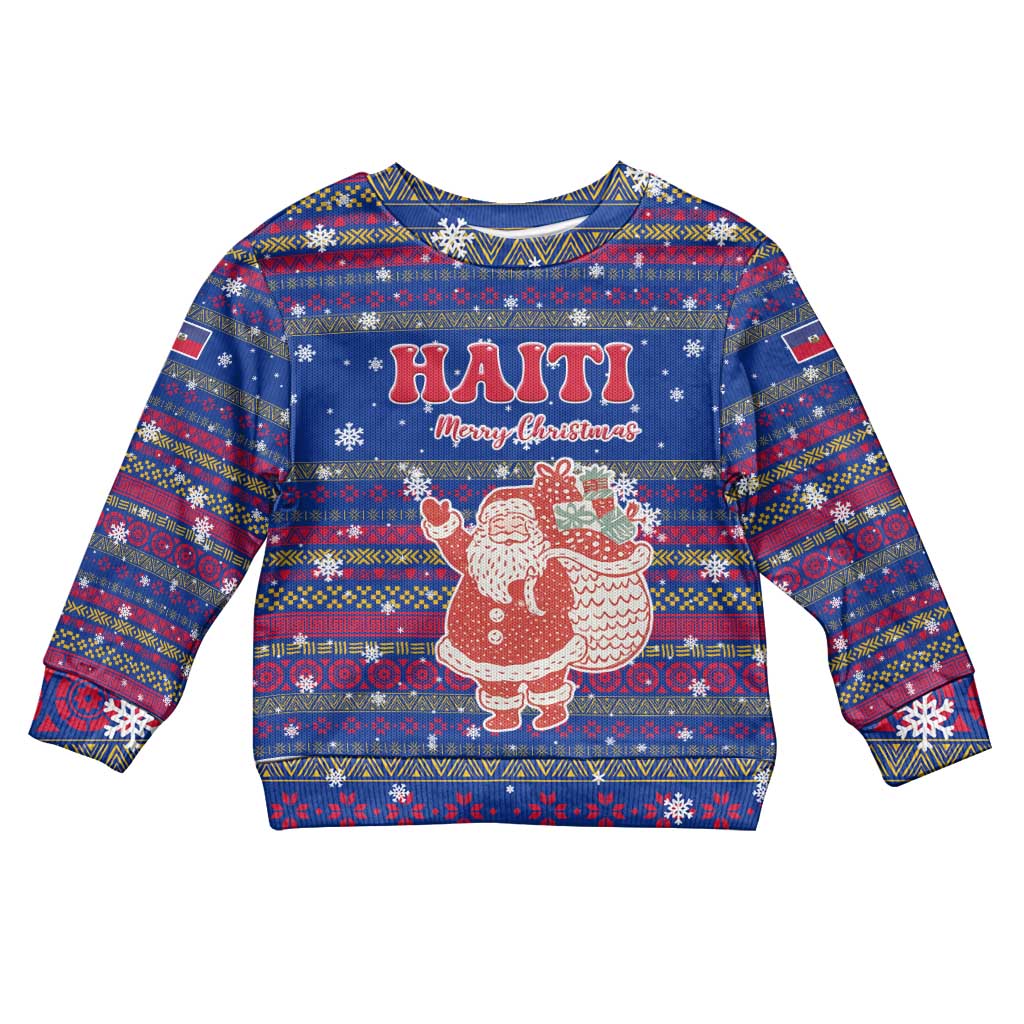Haiti Christmas Kid Ugly Christmas Sweater with Blue Red Xmas Santa Snowflake and Map - Wonder Print Shop