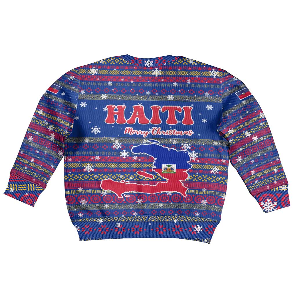 Haiti Christmas Kid Ugly Christmas Sweater with Blue Red Xmas Santa Snowflake and Map - Wonder Print Shop