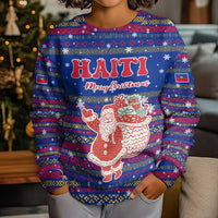 Haiti Christmas Kid Ugly Christmas Sweater with Blue Red Xmas Santa Snowflake and Map - Wonder Print Shop