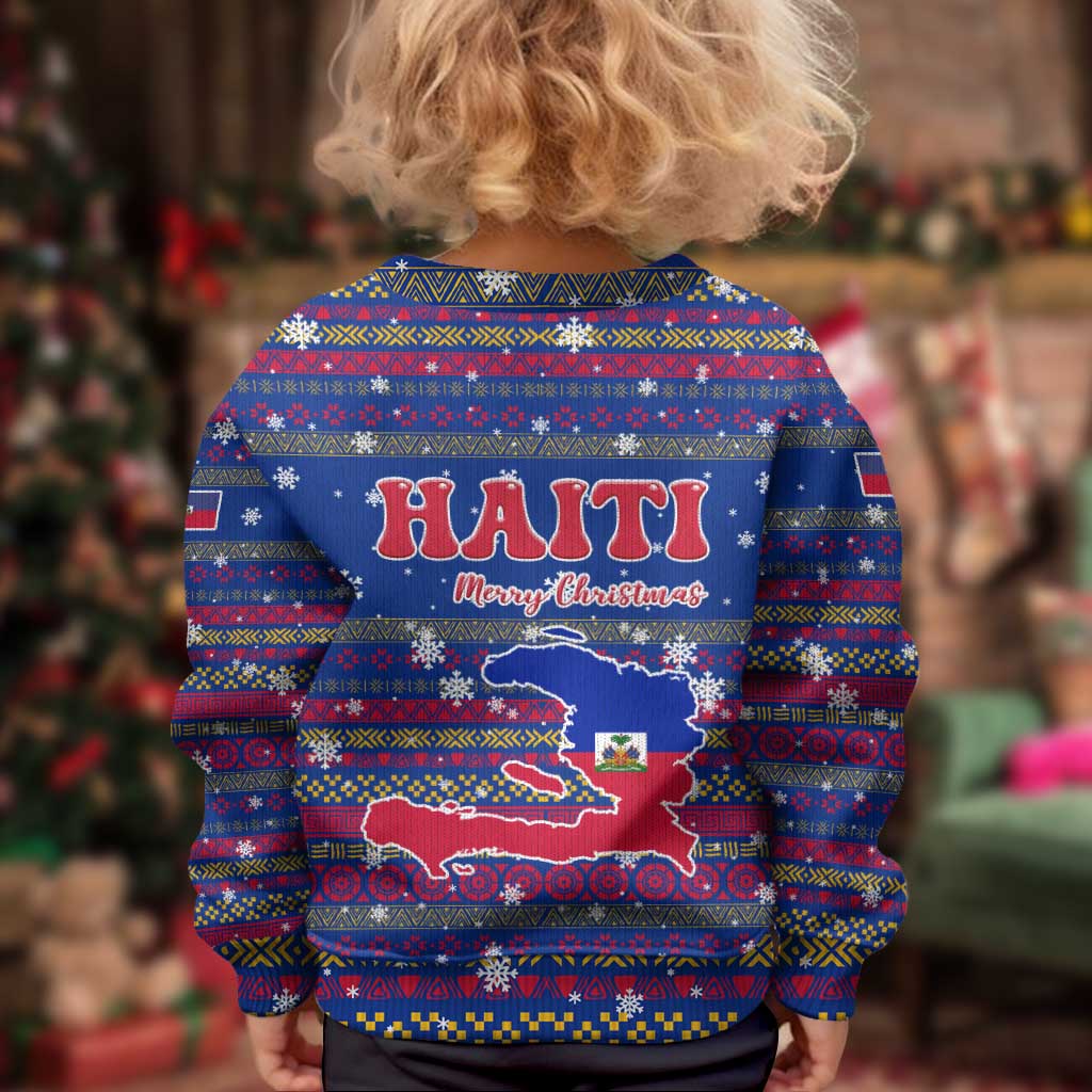 Haiti Christmas Kid Ugly Christmas Sweater with Blue Red Xmas Santa Snowflake and Map - Wonder Print Shop